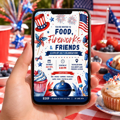 Editable 4th of July Bbq Birthday Invitation Canva Template, Blue White Red Kids Cute Fun DIY Chic Party Invite, Printable Digital Download.