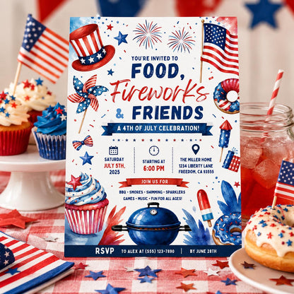 Editable 4th of July Bbq Birthday Invitation Canva Template, Blue White Red Kids Cute Fun DIY Chic Party Invite, Printable Digital Download.