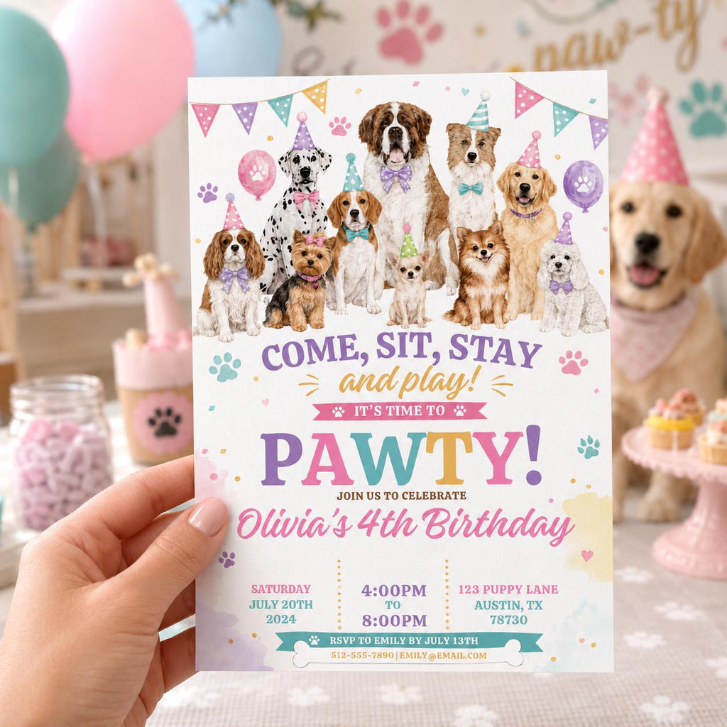 Editable Puppy Dog Birthday Invitation Canva Template, Pink Preppy Girls Puppy Cute Modern Fun DIY Party Invite, Printable Digital Download.
