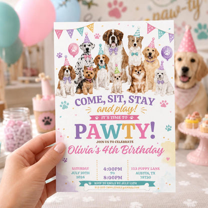 Editable Puppy Dog Birthday Invitation Canva Template, Pink Preppy Girls Puppy Cute Modern Fun DIY Party Invite, Printable Digital Download.