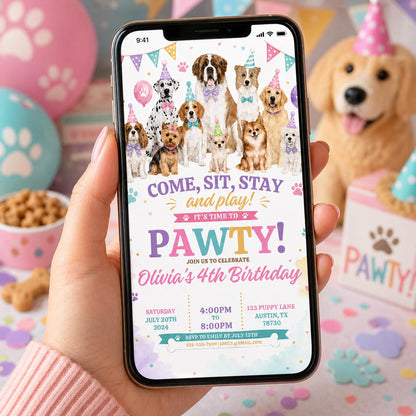 Editable Puppy Dog Birthday Invitation Canva Template, Pink Preppy Girls Puppy Cute Modern Fun DIY Party Invite, Printable Digital Download.