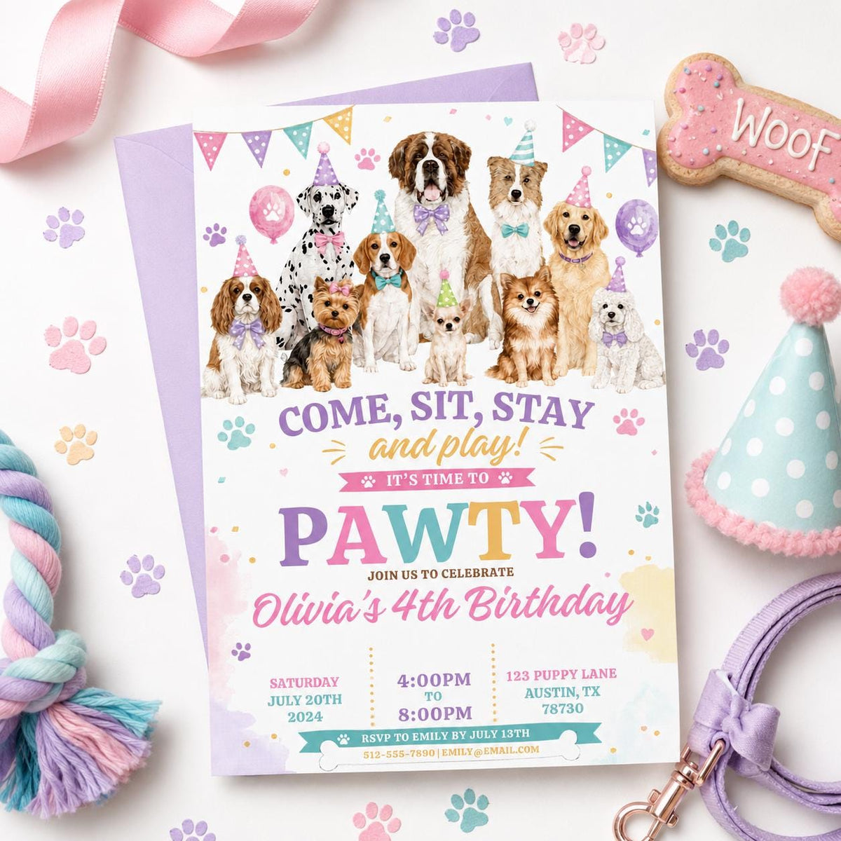 Editable Puppy Dog Birthday Invitation Canva Template, Pink Preppy Girls Puppy Cute Modern Fun DIY Party Invite, Printable Digital Download.
