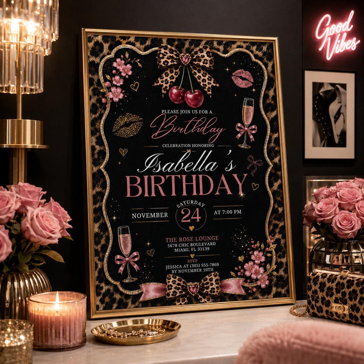 Editable Cheetah Birthday Invitation Canva Template, Black Girls Cute Fun DIY Sweet Chic Kids Teen Party Invite, Printable Digital Download.