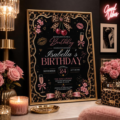 Editable Cheetah Birthday Invitation Canva Template, Black Girls Cute Fun DIY Sweet Chic Kids Teen Party Invite, Printable Digital Download.