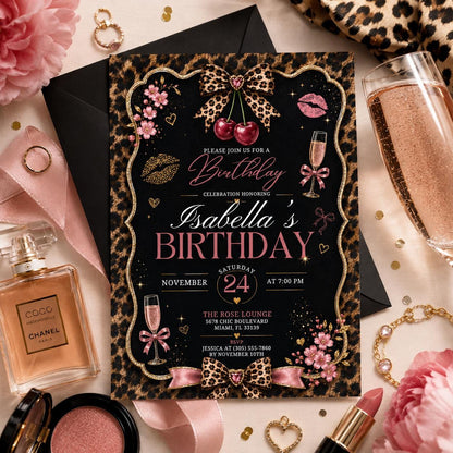 Editable Cheetah Birthday Invitation Canva Template, Black Girls Cute Fun DIY Sweet Chic Kids Teen Party Invite, Printable Digital Download.