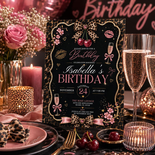 Editable Cheetah Birthday Invitation Canva Template, Black Girls Cute Fun DIY Sweet Chic Kids Teen Party Invite, Printable Digital Download.