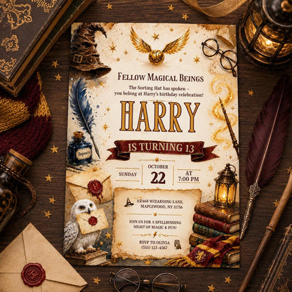 Editable Wizards Witches Birthday Invitation Canva Template, Cute Modern Fun Themed DIY Sweet Chic Party Invite, Printable Digital Download.