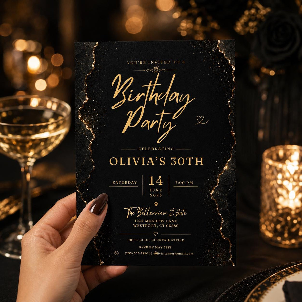 Editable Black Gold Birthday Invitation Canva Template, Modern Luxury Boys Adult Cute Fun DIY Chic Party Invite, Printable Digital Download.