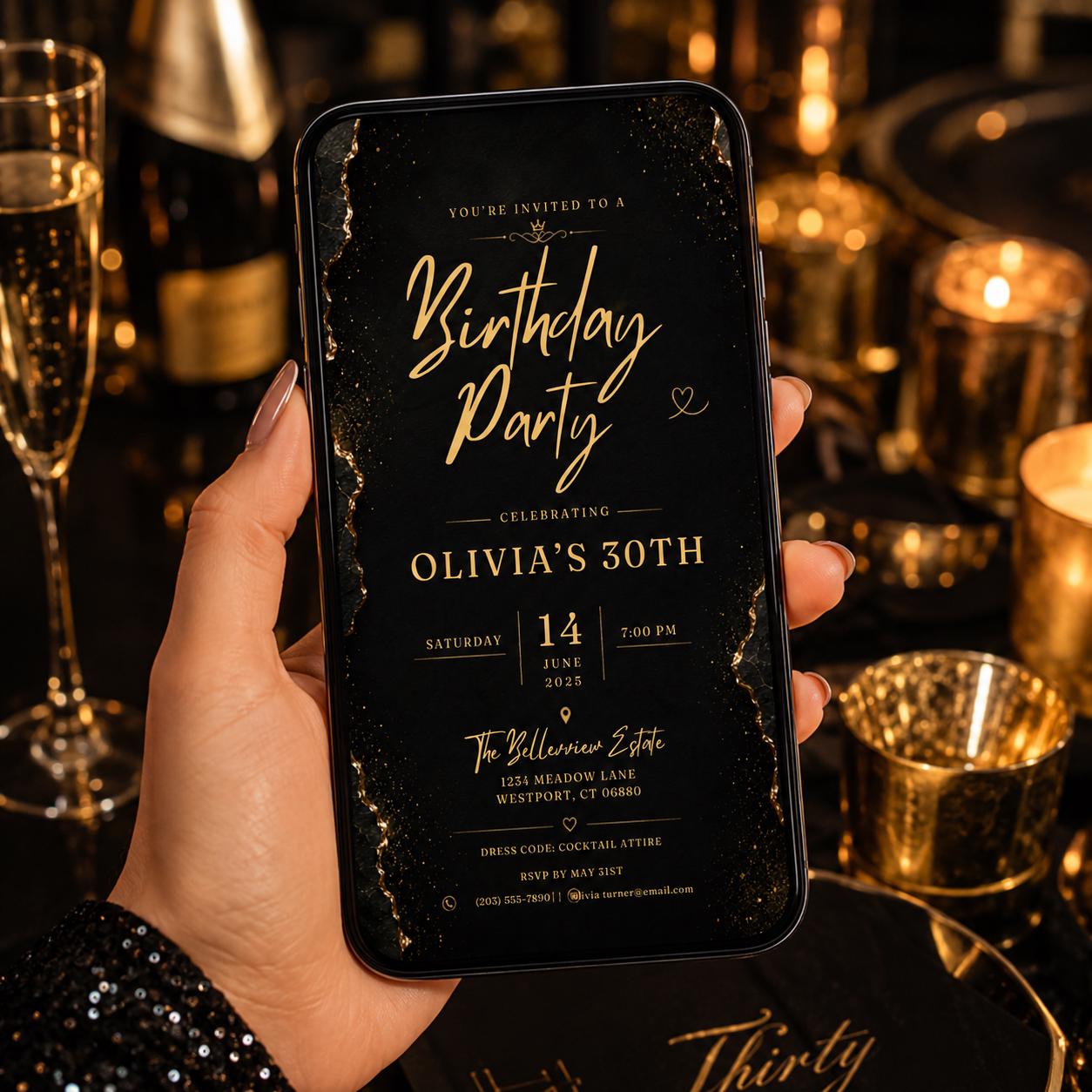 Editable Black Gold Birthday Invitation Canva Template, Modern Luxury Boys Adult Cute Fun DIY Chic Party Invite, Printable Digital Download.