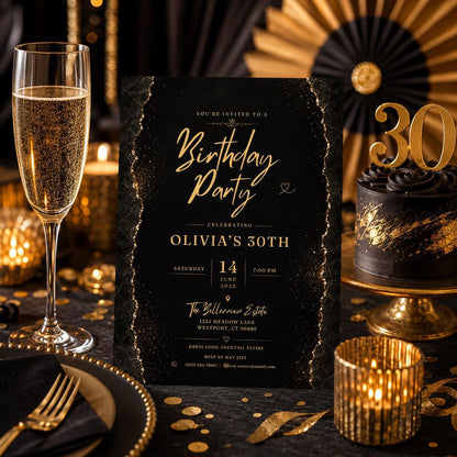Editable Black Gold Birthday Invitation Canva Template, Modern Luxury Boys Adult Cute Fun DIY Chic Party Invite, Printable Digital Download.