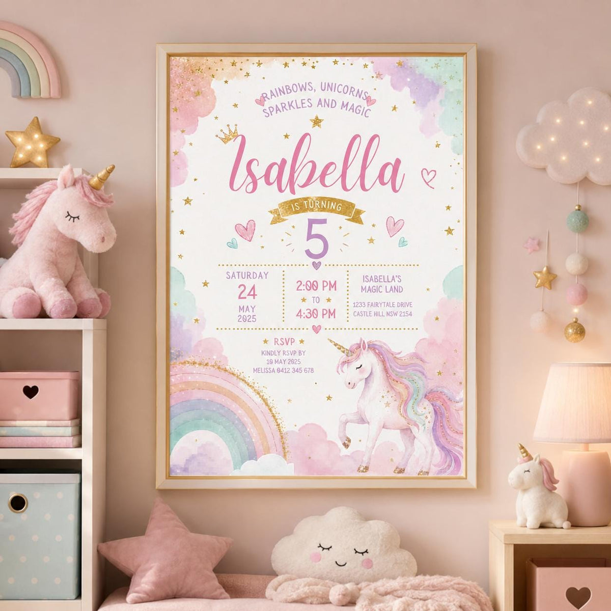 Editable Rainbow Birthday Invitation Canva Template, Girls Kids Cute Fun DIY Sweet Chic Teen Tween Party Invite, Printable Digital Download.