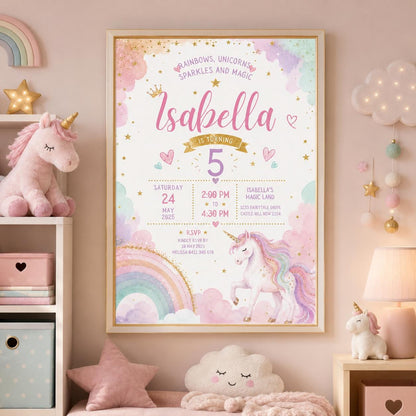 Editable Rainbow Birthday Invitation Canva Template, Girls Kids Cute Fun DIY Sweet Chic Teen Tween Party Invite, Printable Digital Download.