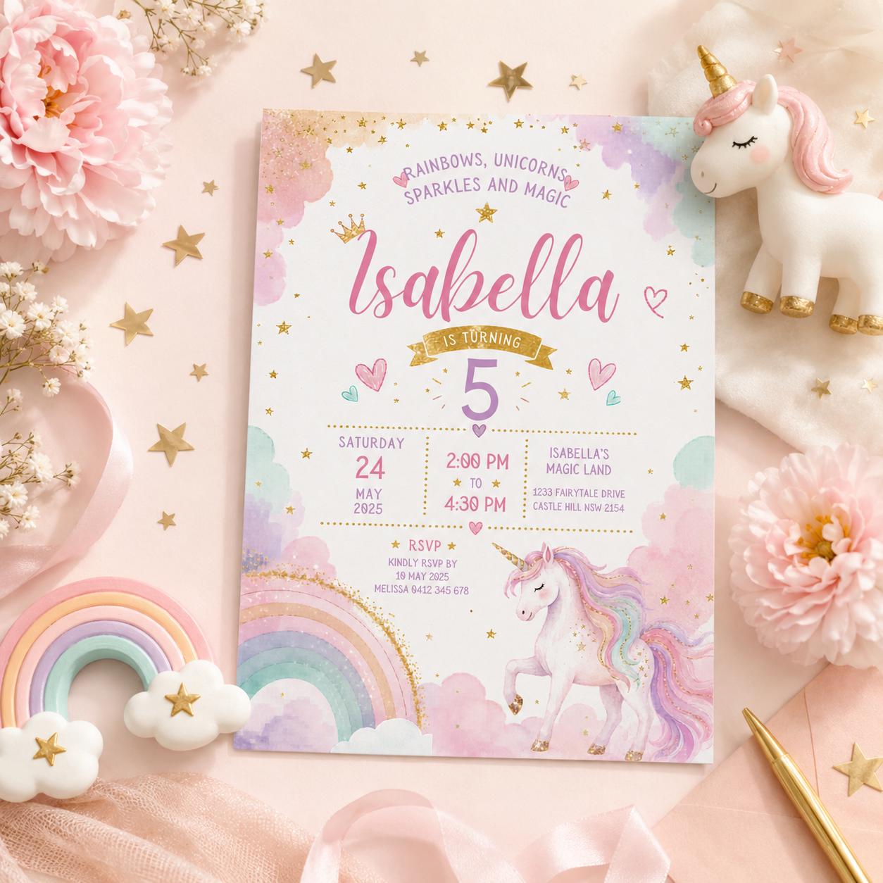 Editable Rainbow Birthday Invitation Canva Template, Girls Kids Cute Fun DIY Sweet Chic Teen Tween Party Invite, Printable Digital Download.