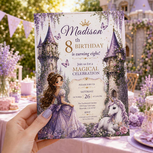 Editable Princess Birthday Invitation Canva Template, Girls Cute Modern Fun Themed Custom DIY Chic Party Invite, Printable Digital Download.