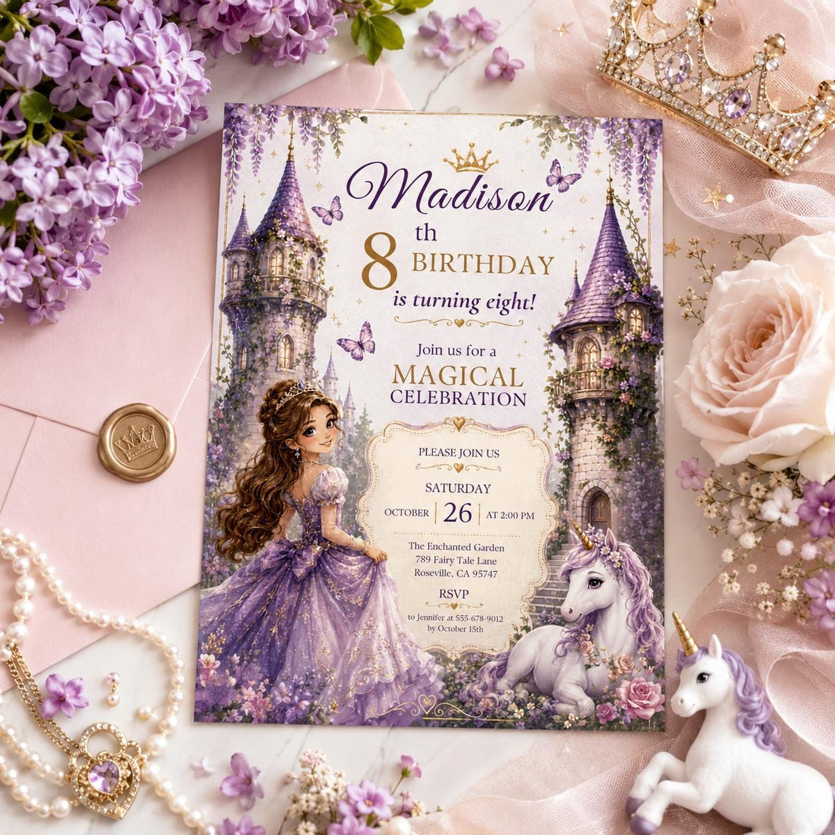 Editable Princess Birthday Invitation Canva Template, Girls Cute Modern Fun Themed Custom DIY Chic Party Invite, Printable Digital Download.