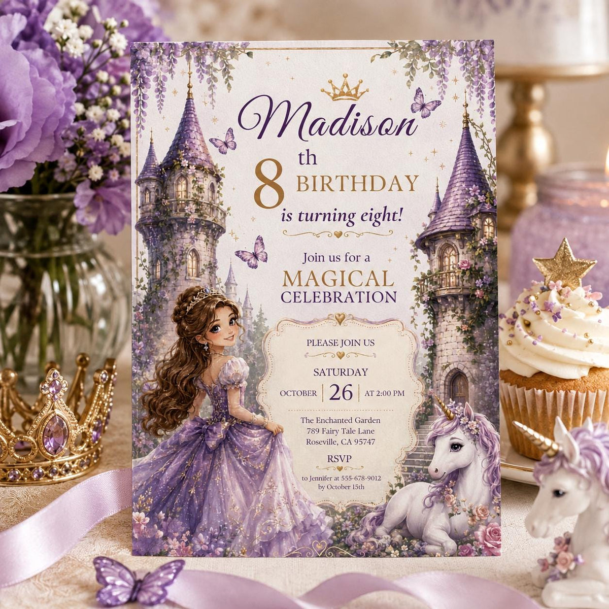 Editable Princess Birthday Invitation Canva Template, Girls Cute Modern Fun Themed Custom DIY Chic Party Invite, Printable Digital Download.