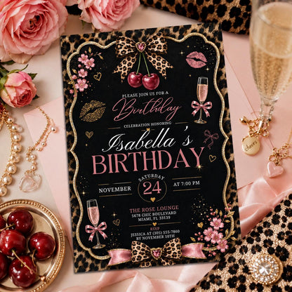 Editable Cheetah Birthday Invitation Canva Template, Black Girls Cute Fun DIY Sweet Chic Kids Teen Party Invite, Printable Digital Download.