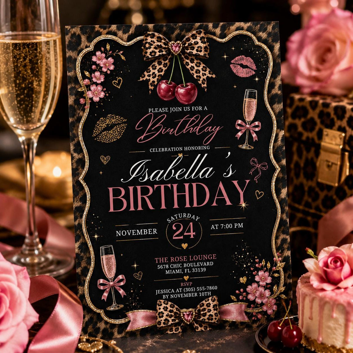 Editable Cheetah Birthday Invitation Canva Template, Black Girls Cute Fun DIY Sweet Chic Kids Teen Party Invite, Printable Digital Download.