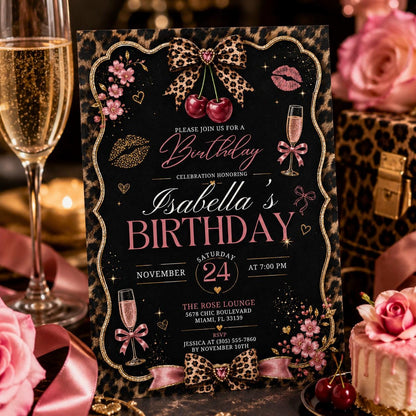 Editable Cheetah Birthday Invitation Canva Template, Black Girls Cute Fun DIY Sweet Chic Kids Teen Party Invite, Printable Digital Download.