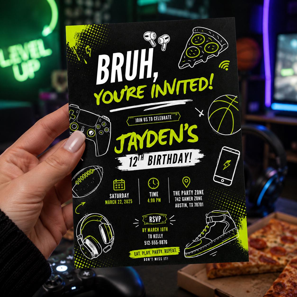 Editable Gamer Birthday Invitation Canva Template, Boys Teens Gamer Cute Modern Fun DIY Sweet Chic Party Invite, Printable Digital Download.