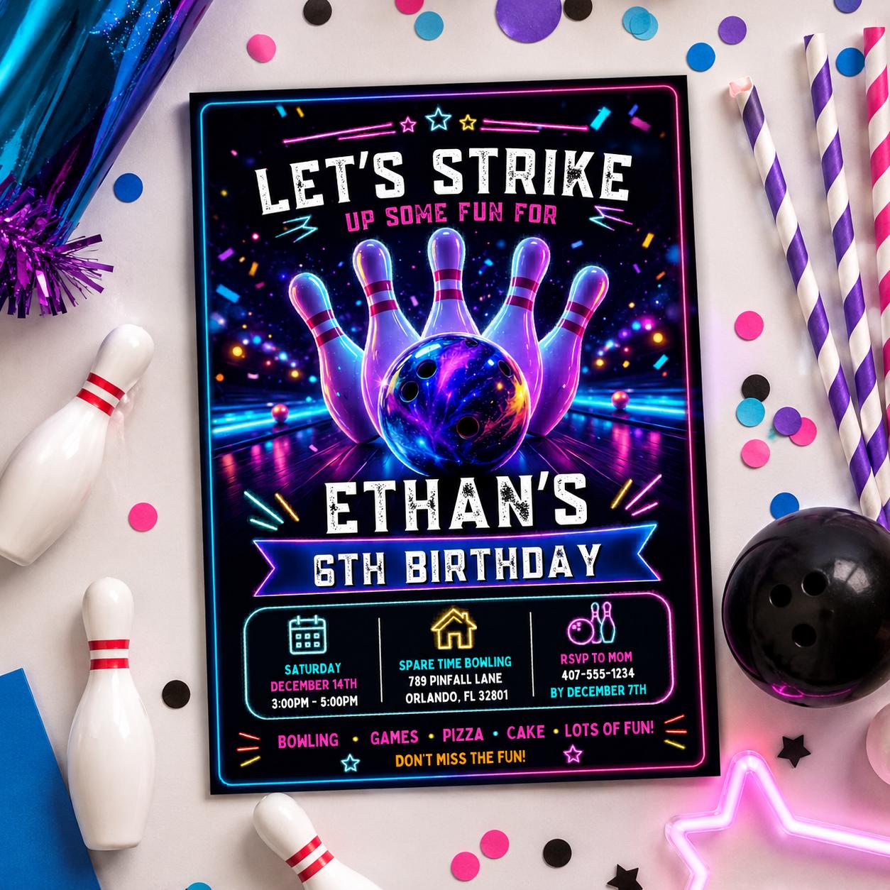 Editable Neon Glow Birthday Invitation Canva Template, Boys Neon Cute Fun DIY Sweet Chic Kids Teen Party Invite, Printable Digital Download.