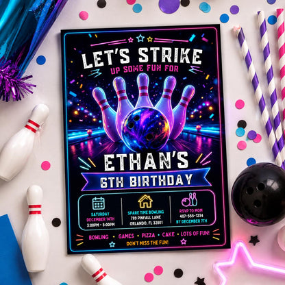 Editable Neon Glow Birthday Invitation Canva Template, Boys Neon Cute Fun DIY Sweet Chic Kids Teen Party Invite, Printable Digital Download.