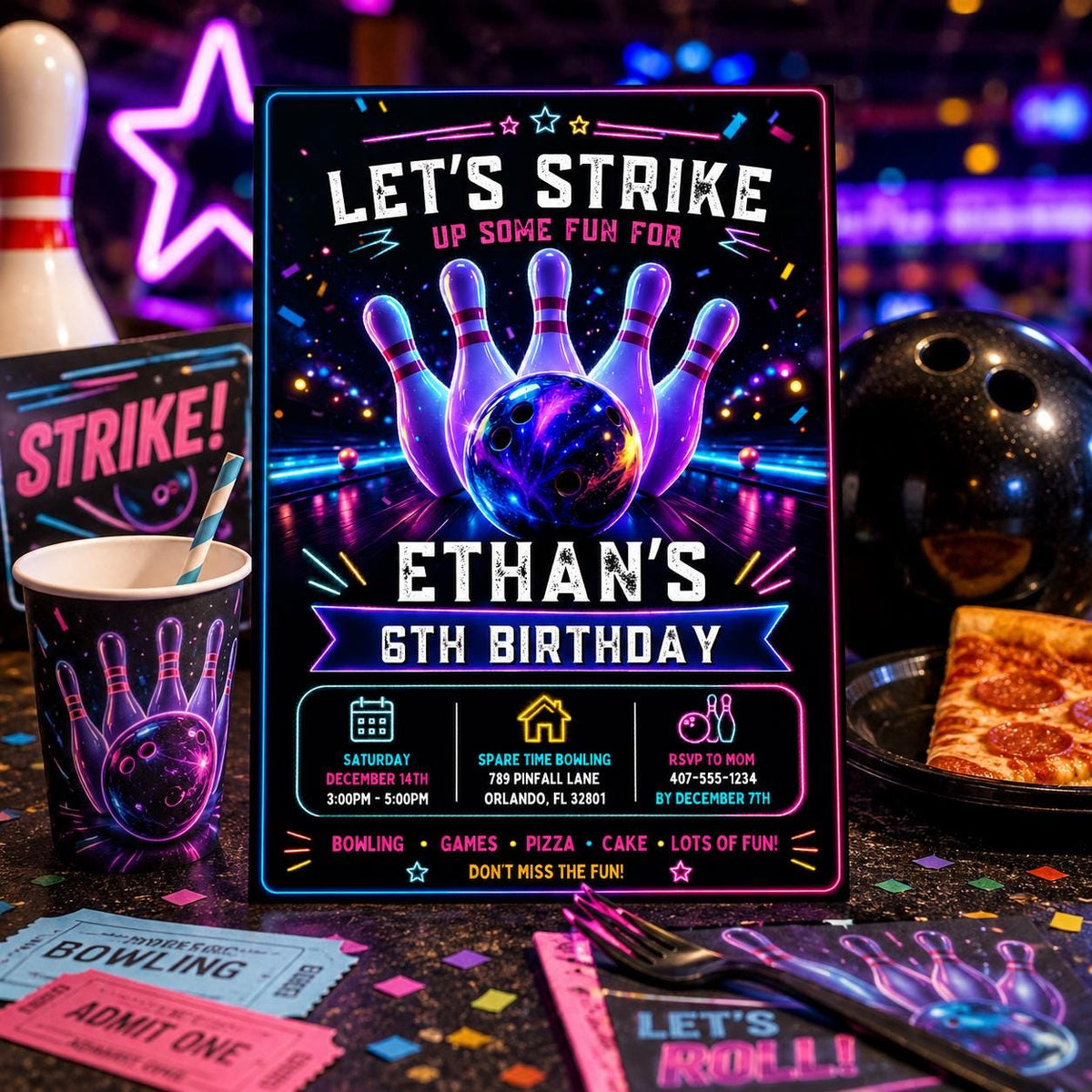 Editable Neon Glow Birthday Invitation Canva Template, Boys Neon Cute Fun DIY Sweet Chic Kids Teen Party Invite, Printable Digital Download.