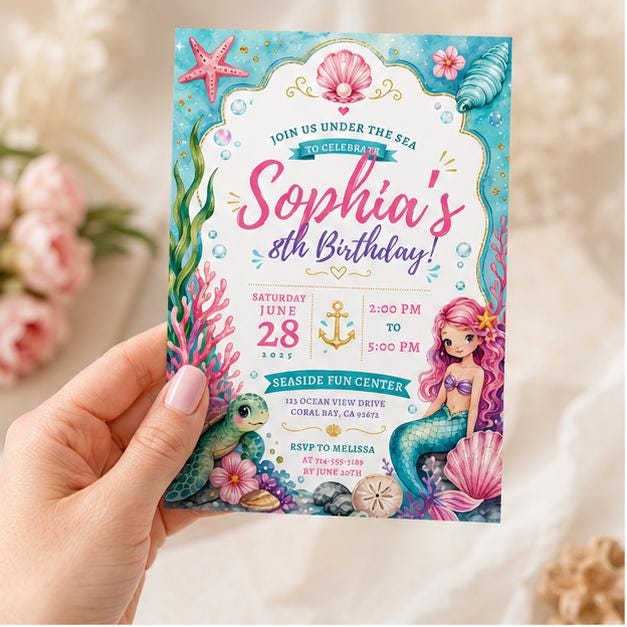 Editable Coastal Birthday Invitation Canva Template, Blue White Girls Teens Cute Fun DIY Chic Kids Party Invite, Printable Digital Download.