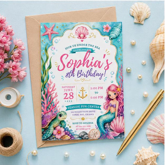 Editable Coastal Birthday Invitation Canva Template, Blue White Girls Teens Cute Fun DIY Chic Kids Party Invite, Printable Digital Download.