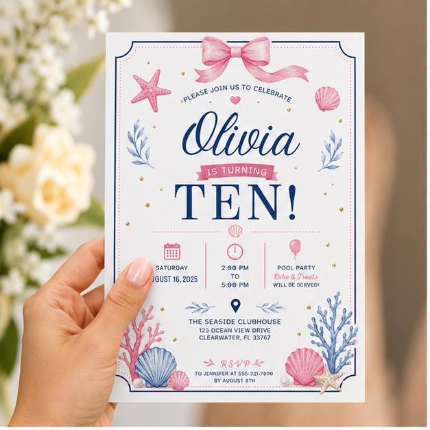 Editable Pool Birthday Invitation Canva Template, Pink Girls Teens Bow Cute Fun DIY Chic Kids Teen Party Invite, Printable Digital Download.