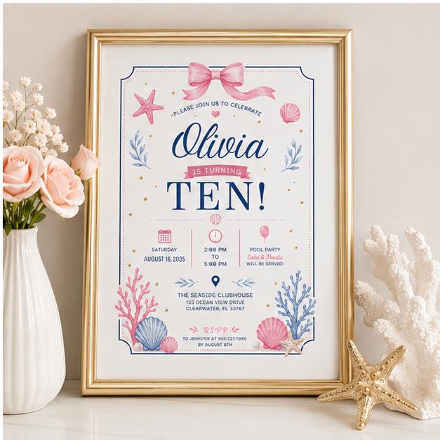 Editable Pool Birthday Invitation Canva Template, Pink Girls Teens Bow Cute Fun DIY Chic Kids Teen Party Invite, Printable Digital Download.