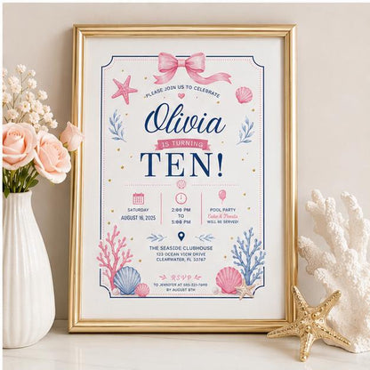 Editable Pool Birthday Invitation Canva Template, Pink Girls Teens Bow Cute Fun DIY Chic Kids Teen Party Invite, Printable Digital Download.