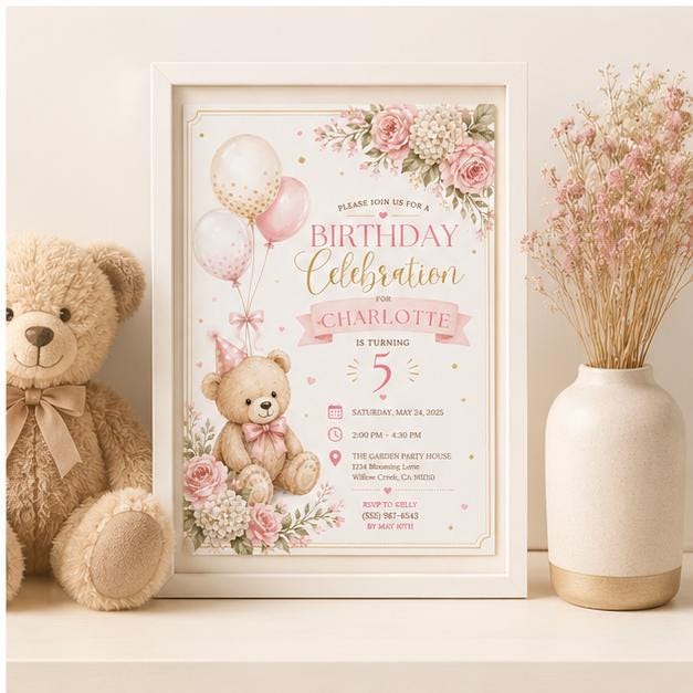 Editable Honey Bear Baby Shower Invitation Canva Template, Pink Girls Kids Bear Cute Fun DIY Sweet Party Invite, Printable Digital Download.