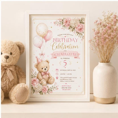 Editable Honey Bear Baby Shower Invitation Canva Template, Pink Girls Kids Bear Cute Fun DIY Sweet Party Invite, Printable Digital Download.