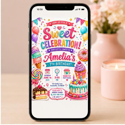 Editable Sweet Treats Birthday Invitation Canva Template, Cream Girls Kids Sweet Cute Fun DIY Chic Party Invite, Printable Digital Download.