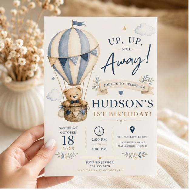Editable Hot Air Balloon Birthday Invitation Canva Template, Blue Boys Kids Cute Fun DIY Chic Teen Party Invite, Printable Digital Download.