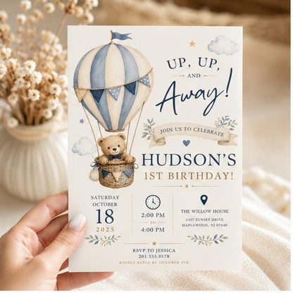 Editable Hot Air Balloon Birthday Invitation Canva Template, Blue Boys Kids Cute Fun DIY Chic Teen Party Invite, Printable Digital Download.