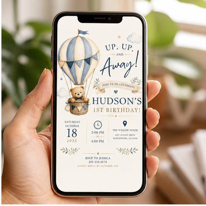 Editable Hot Air Balloon Birthday Invitation Canva Template, Blue Boys Kids Cute Fun DIY Chic Teen Party Invite, Printable Digital Download.