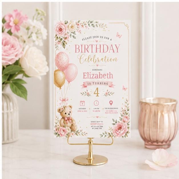 Editable Honey Bear Birthday Invitation Canva Template, Pink Cute Vintage Kids Bear Modern Fun DIY Party Invite, Printable Digital Download.