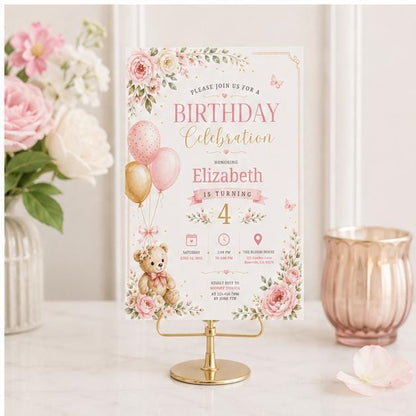 Editable Honey Bear Birthday Invitation Canva Template, Pink Cute Vintage Kids Bear Modern Fun DIY Party Invite, Printable Digital Download.