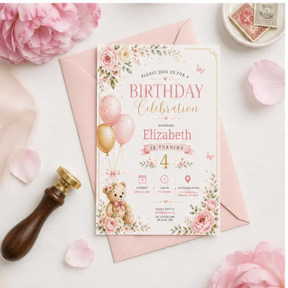 Editable Honey Bear Birthday Invitation Canva Template, Pink Cute Vintage Kids Bear Modern Fun DIY Party Invite, Printable Digital Download.