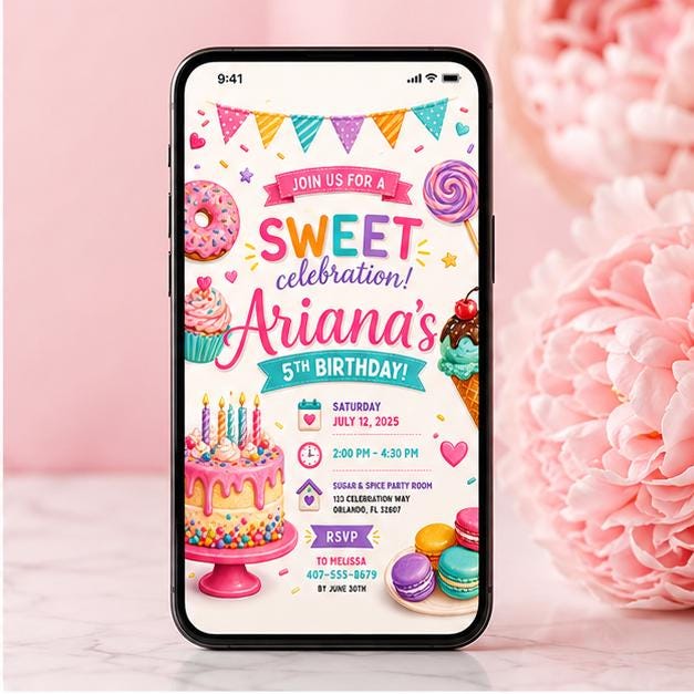 Editable Candy Birthday Invitation Canva Template, Cream Candy Cute Modern Fun DIY Sweet Chic Kids Party Invite, Printable Digital Download.