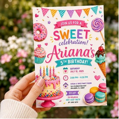 Editable Candy Birthday Invitation Canva Template, Cream Candy Cute Modern Fun DIY Sweet Chic Kids Party Invite, Printable Digital Download.