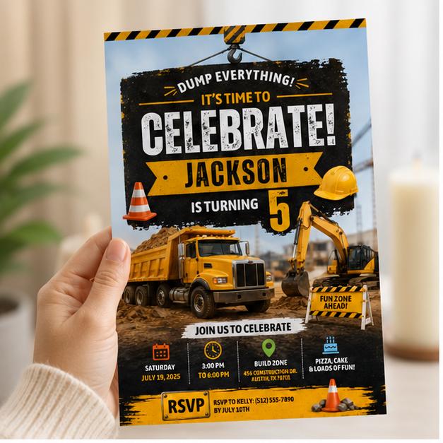 Editable Construction Birthday Invitation Canva Template, Modern Boys Kids Cute Fun DIY Sweet Chic Party Invite, Printable Digital Download.