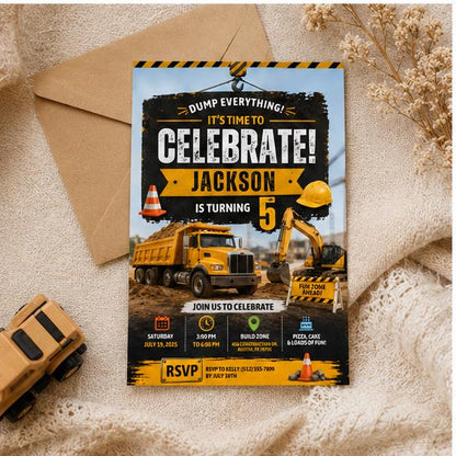 Editable Construction Birthday Invitation Canva Template, Modern Boys Kids Cute Fun DIY Sweet Chic Party Invite, Printable Digital Download.