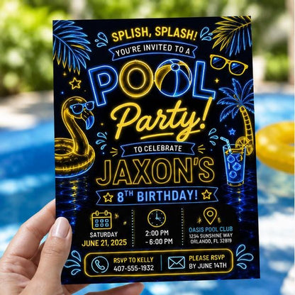 Editable Pool Birthday Invitation Canva Template, Pink Girls Teens Bow Cute Fun DIY Chic Kids Teen Party Invite, Printable Digital Download.