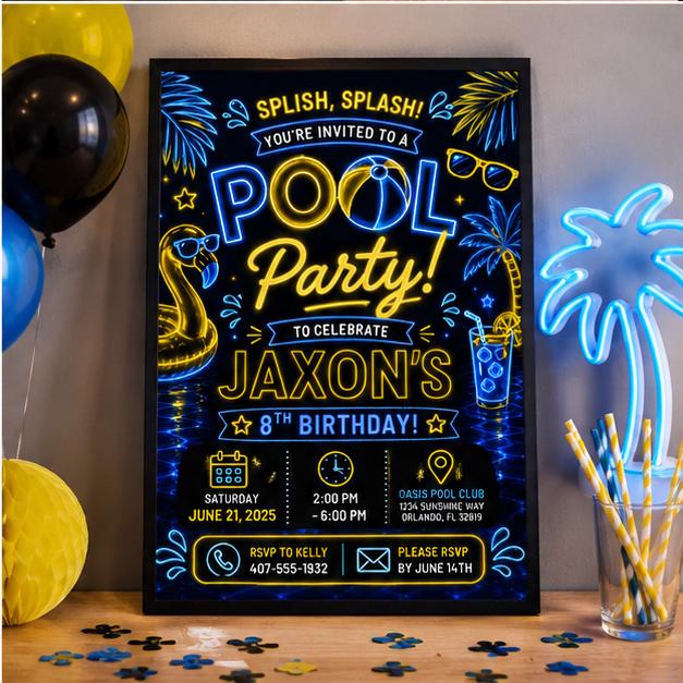 Editable Pool Birthday Invitation Canva Template, Pink Girls Teens Bow Cute Fun DIY Chic Kids Teen Party Invite, Printable Digital Download.