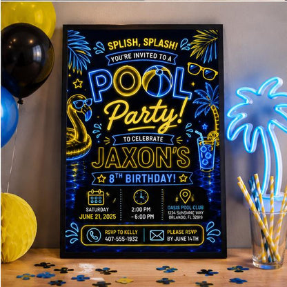 Editable Pool Birthday Invitation Canva Template, Pink Girls Teens Bow Cute Fun DIY Chic Kids Teen Party Invite, Printable Digital Download.