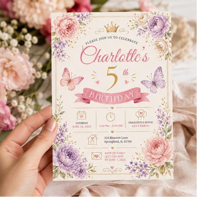 Editable Fairy Garden Birthday Invitation Canva Template, Pink Floral Girls Kids Cute Fun DIY Chic Party Invite, Printable Digital Download.