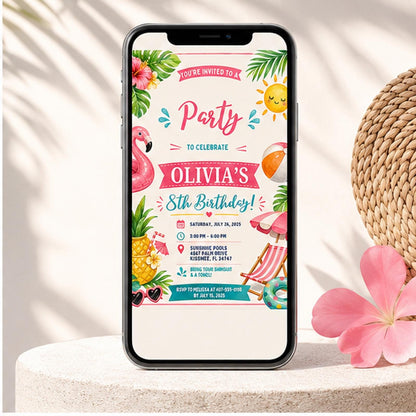 Editable Pool Party Invitation Canva Template, Pink Retro Preppy Girls Teens Pool Cute Modern Fun DIY Sweet Chic Printable Digital Download.